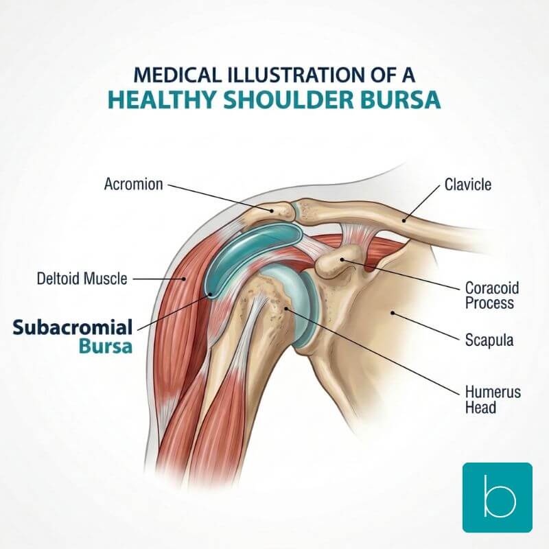 Medical illustration of a healthy subacromial bursa in a human shoulder joint, showing no signs of inflammation or bursitis.