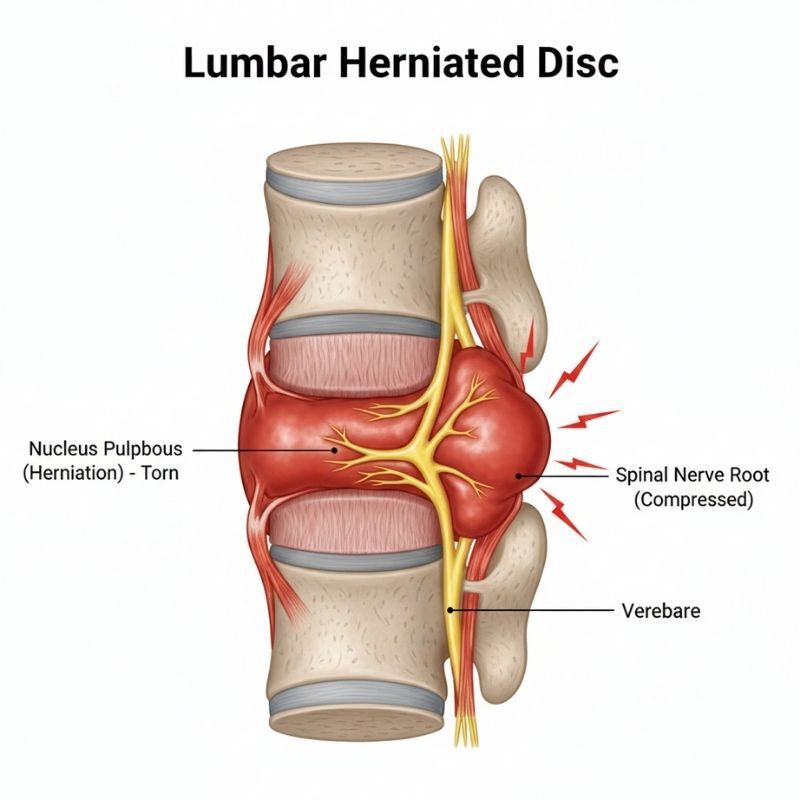 A cross-section diagram of a lumbar herniated disc (slipped disc) compressing a spinal nerve root, causing sciatica.