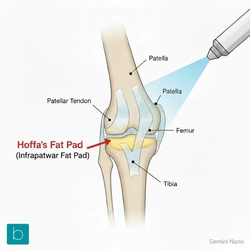 Diagram of Hoffa's Fat Pad syndrome being treated with Focused Shockwave Therapy at Bodytonic Clinic London