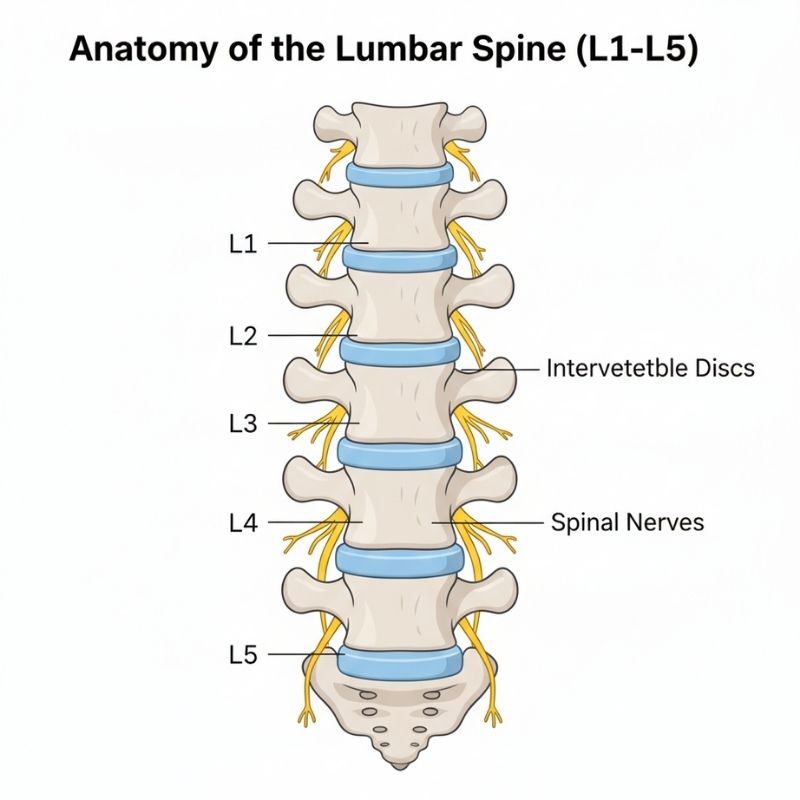 Detailed medical illustration of the lumbar spine (L1-L5 vertebrae)