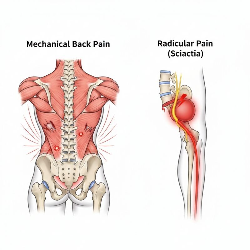 A clinical comparison diagram showing the difference between mechanical muscle strain and radicular sciatica nerve pain.