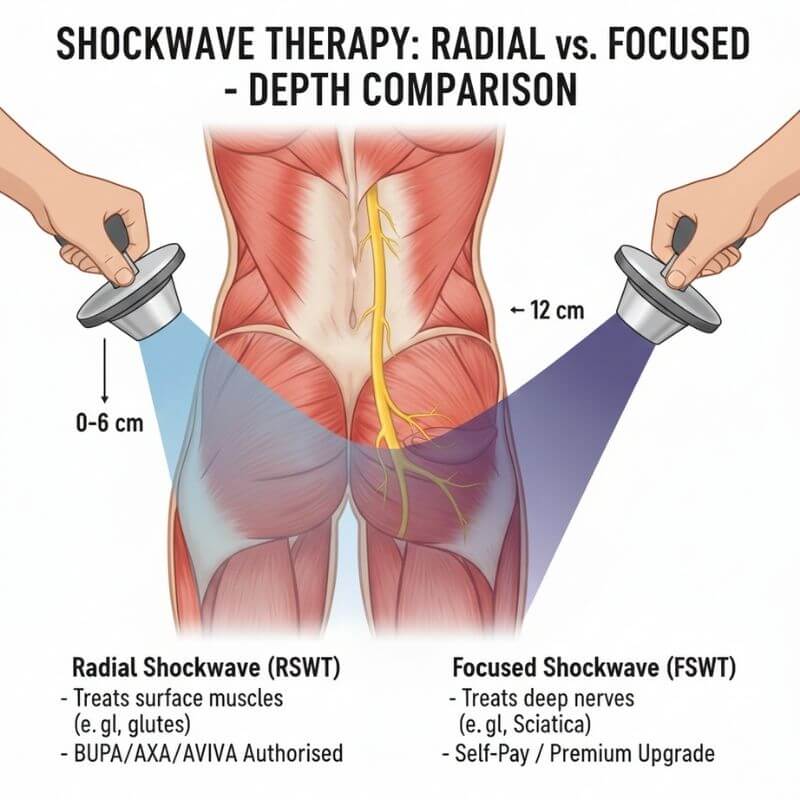 Diagram comparing the penetration depth of Radial Shockwave (surface) vs Focused Shockwave (deep 12cm) for sciatica treatment.