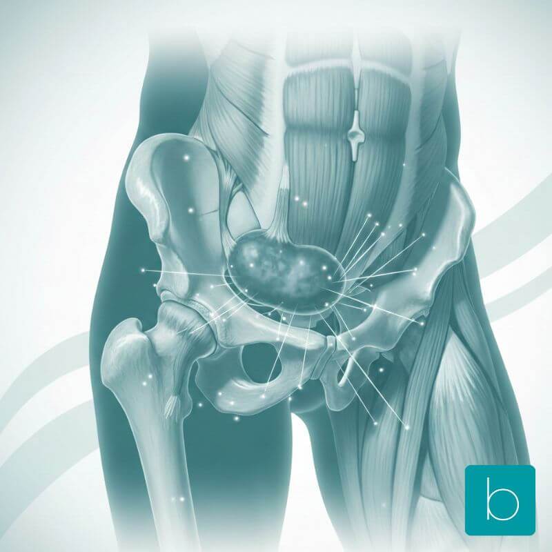 Detailed medical illustration of trochanteric bursitis showing the inflamed bursa sac on the outer hip joint.