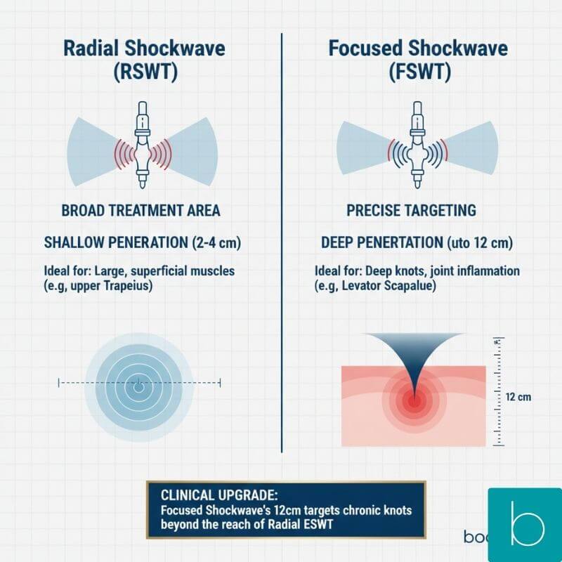 Comparison diagram showing Radial Shockwave surface penetration vs Focused Shockwave reaching 12cm depth in muscle tissue.