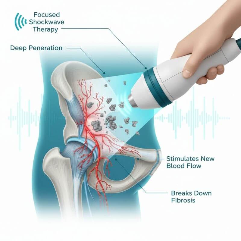 Diagram showing Focused Shockwave Therapy targeting the gluteus medius tendon at the greater trochanter to treat chronic hip pain.