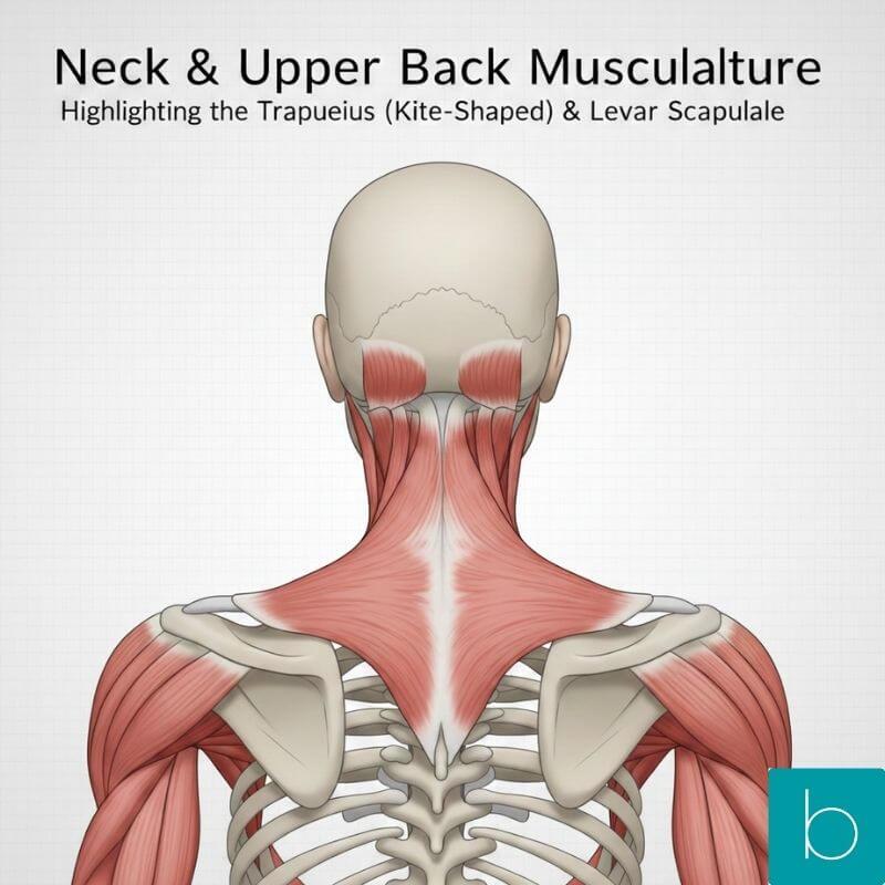 Anatomical diagram of the kite-shaped Trapezius and Levator Scapulae muscles in the human neck and upper back.