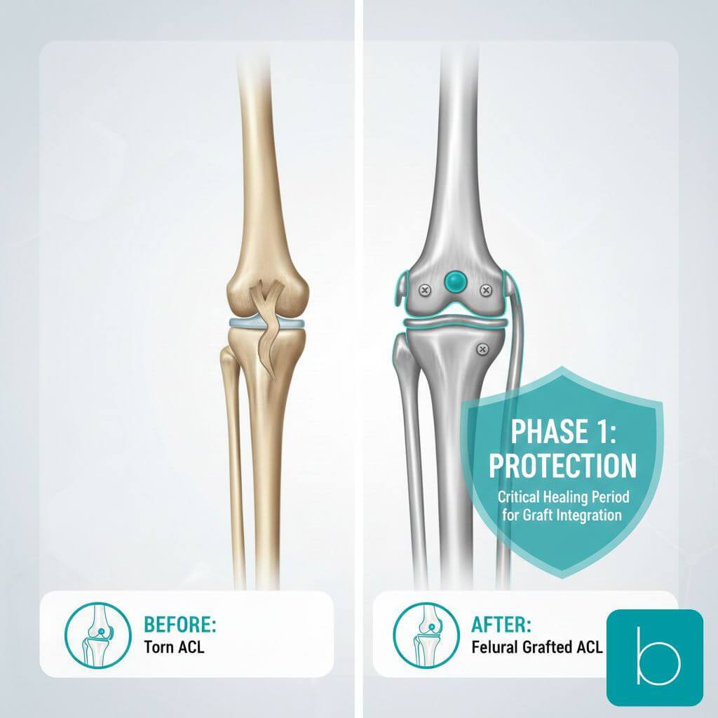 Clinical visualization of an ACL reconstruction graft and surgical anchors, highlighting the importance of Phase 1 protection in physiotherapy.