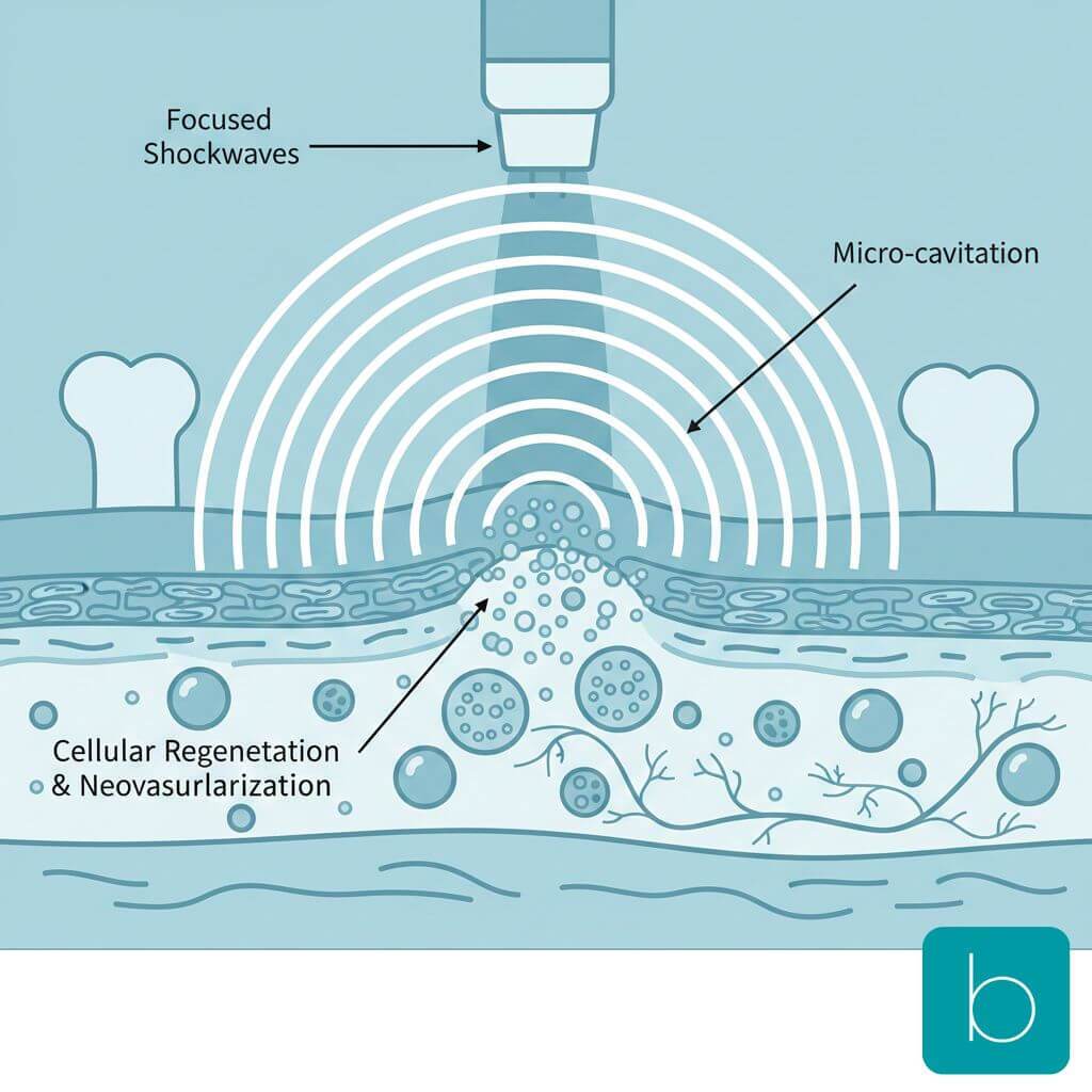 Medical diagram showing Focused Shockwave Therapy stimulating biological tissue repair and collagen synthesis at a cellular level for chronic post-op injuries.