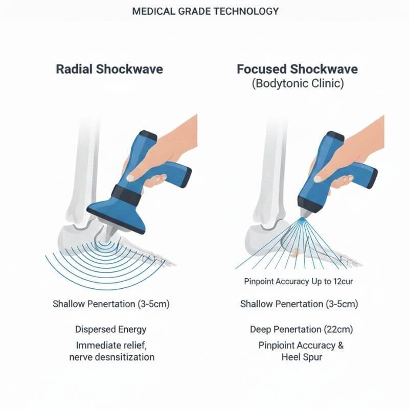 Clinical diagram comparing Focused and Radial Shockwave depth for Plantar Fasciitis treatment, showing 12cm penetration and the 6-session healing cycle.