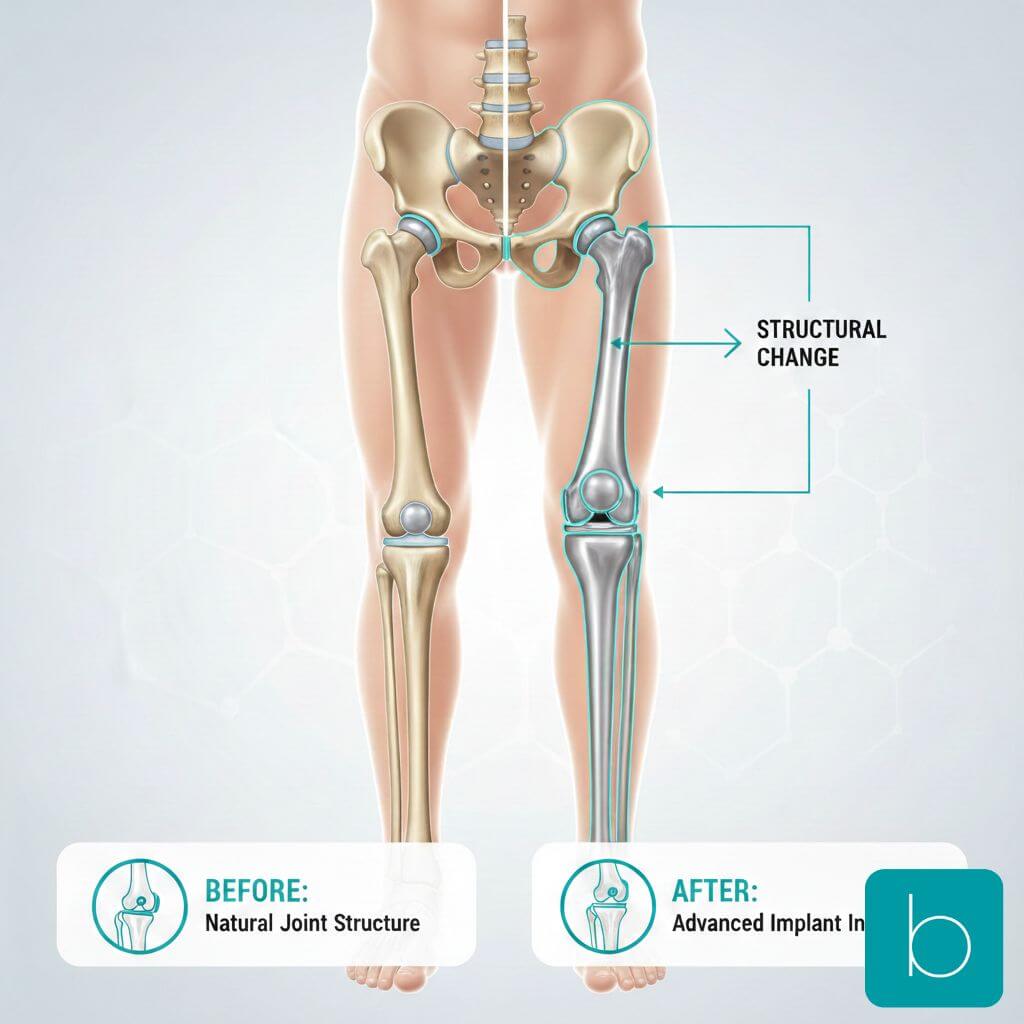 Anatomical diagram showing the structural components of a prosthetic hip and knee replacement to assist in post-operative physiotherapy understanding.