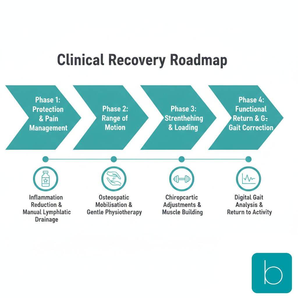 A 4-phase clinical recovery roadmap for post-surgery physiotherapy at Bodytonic Clinic, showing milestones from pain management to gait correction.