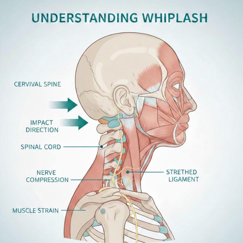 Medical diagram showing the acceleration-deceleration mechanism of a whiplash injury to the cervical spine.