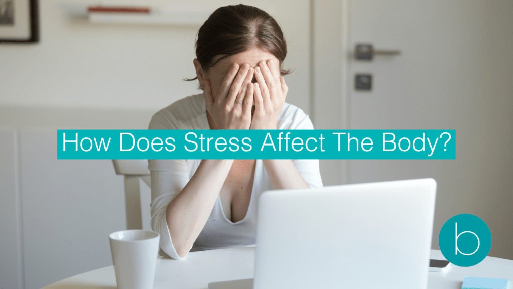 Stressed woman sitting at a table with her head in her hands in front of a laptop, highlighting the emotional and physical toll of stress.