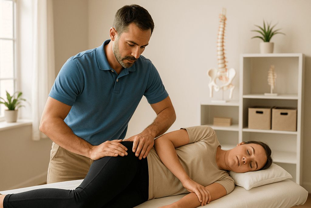 Osteopath treating a patient’s lower back in a clinic setting.
