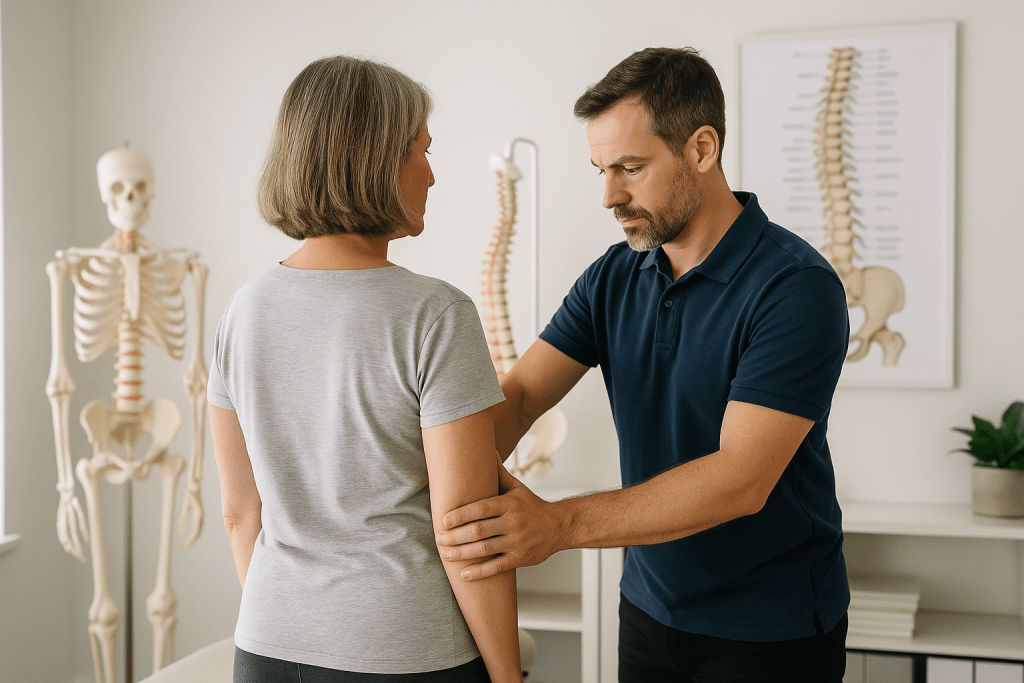 Practitioner assessing a patient's spine during a posture evaluation.