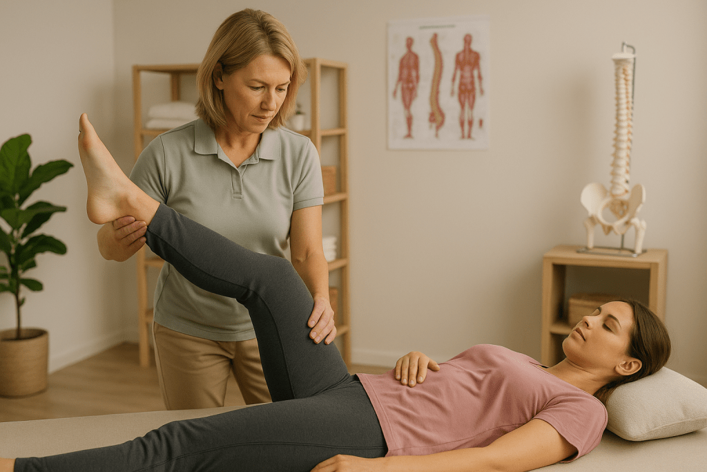 Osteopath guiding a patient through a gentle leg stretch.