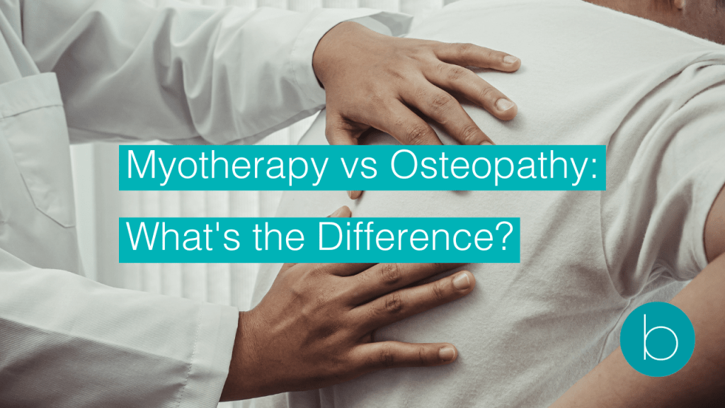 Close-up of a healthcare practitioner placing hands on a patient's upper back during treatment, with overlaid text reading “Myotherapy vs Osteopathy: What's the Difference?” and a circular logo in the bottom right corner.