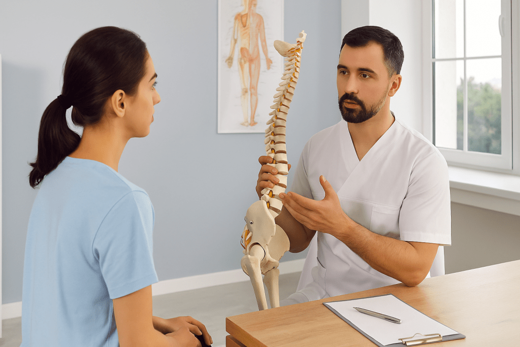 Chiropractor explaining a spine model to a patient in a clinic room.