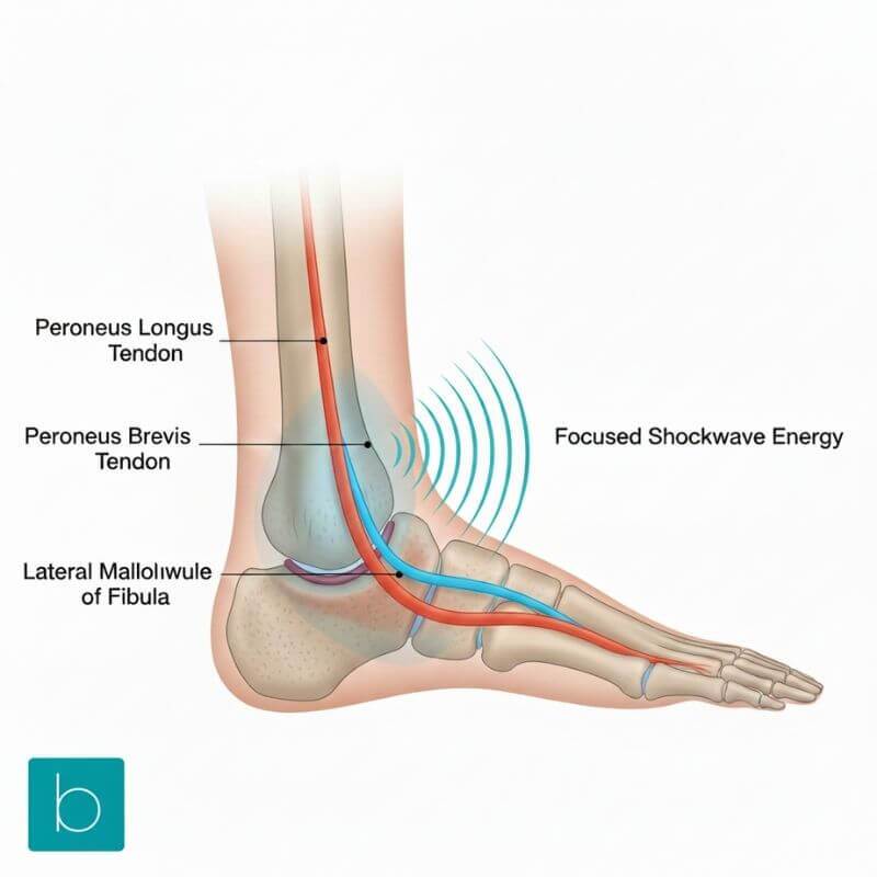 Diagram of Focused Shockwave Therapy treating Peroneal Tendinopathy and ankle clicking at Bodytonic Clinic.