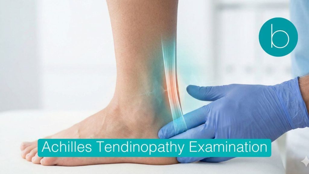 A clinician's gloved hand examines a patient's heel, with a glowing digital overlay highlighting the inflamed Achilles tendon region.