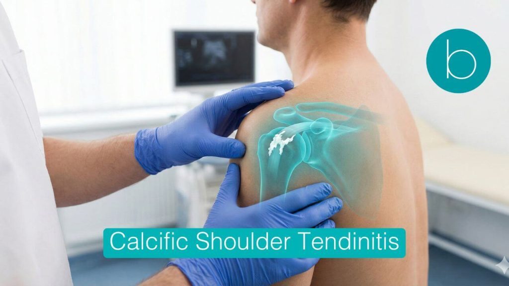 Medical professional examining a shoulder, accompanied by a graphic overlay showing calcification indicating tendinitis within the joint.