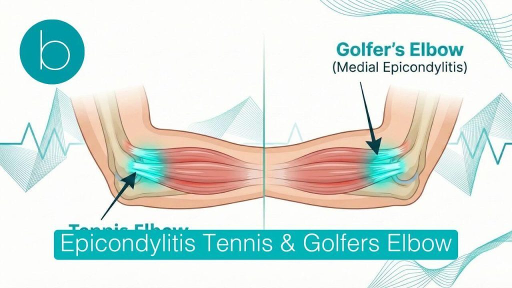 Medical infographic illustrating the anatomical difference between Tennis Elbow (Lateral) and Golfer's Elbow (Medial), highlighting inflamed tendons in teal.