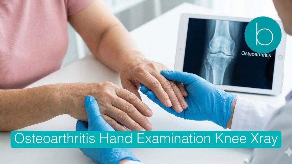 A doctor in blue gloves examines the hands of an older patient with visible arthritis signs, with a tablet displaying a knee osteoarthritis X-ray in the background.
