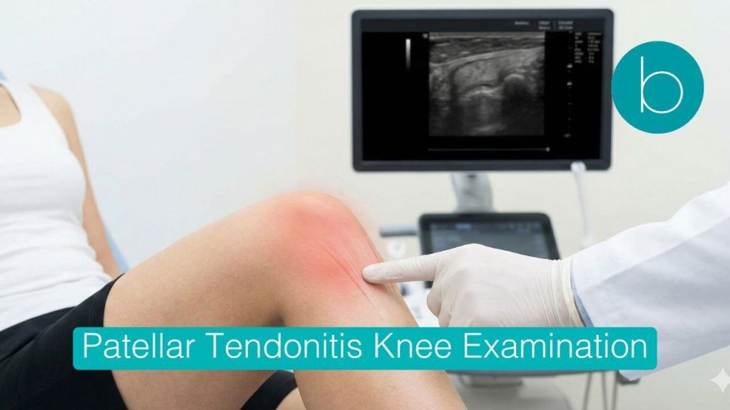 A doctor's gloved hand points to the patellar tendon on a patient's knee, highlighted by a red glow indicating inflammation, with an ultrasound monitor in the background.