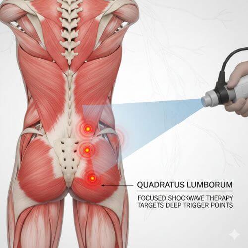 Anatomical diagram showing Quadratus Lumborum (QL) muscle location and Focused Shockwave Therapy targeting deep trigger points.