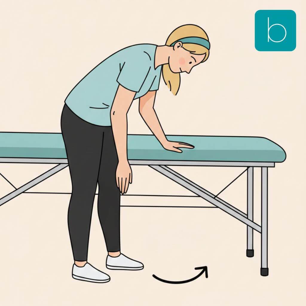 A practitioner at Bodytonic Clinic demonstrating the pendulum stretch for frozen shoulder rehab, letting the arm hang and swing gently.